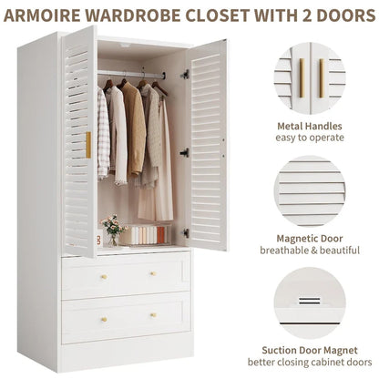 Wardrobe Armoire Closet with 2 Shutter Doors, White Wardrobe with Hanging Rods and 2 Drawers, Modern Bedroom Armoire