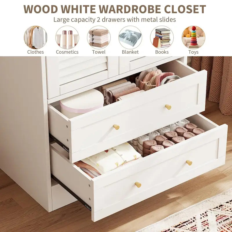 Wardrobe Armoire Closet with 2 Shutter Doors, White Wardrobe with Hanging Rods and 2 Drawers, Modern Bedroom Armoire