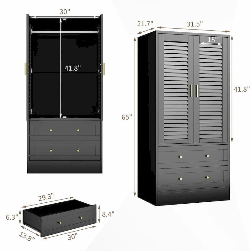 Wardrobe Armoire Closet with 2 Shutter Doors, White Wardrobe with Hanging Rods and 2 Drawers, Modern Bedroom Armoire