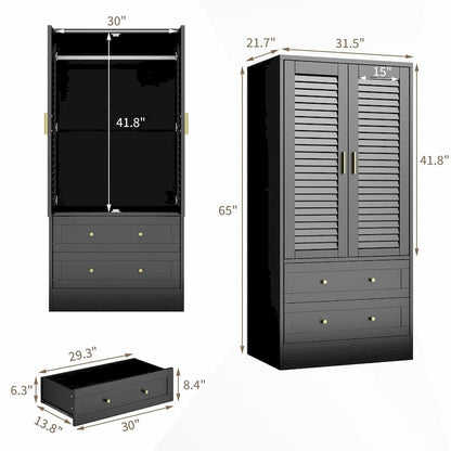 Wardrobe Armoire Closet with 2 Shutter Doors, White Wardrobe with Hanging Rods and 2 Drawers, Modern Bedroom Armoire