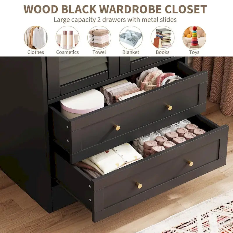 Wardrobe Armoire Closet with 2 Shutter Doors, White Wardrobe with Hanging Rods and 2 Drawers, Modern Bedroom Armoire