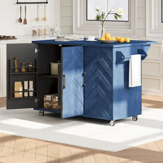 51.2W Kitchen Island with Drop Leaf, Farmhouse Kitchen Island on Wheels with Internal Storage Rack Rolling Kitchen Cart