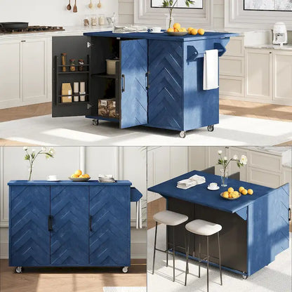 51.2W Kitchen Island with Drop Leaf, Farmhouse Kitchen Island on Wheels with Internal Storage Rack Rolling Kitchen Cart