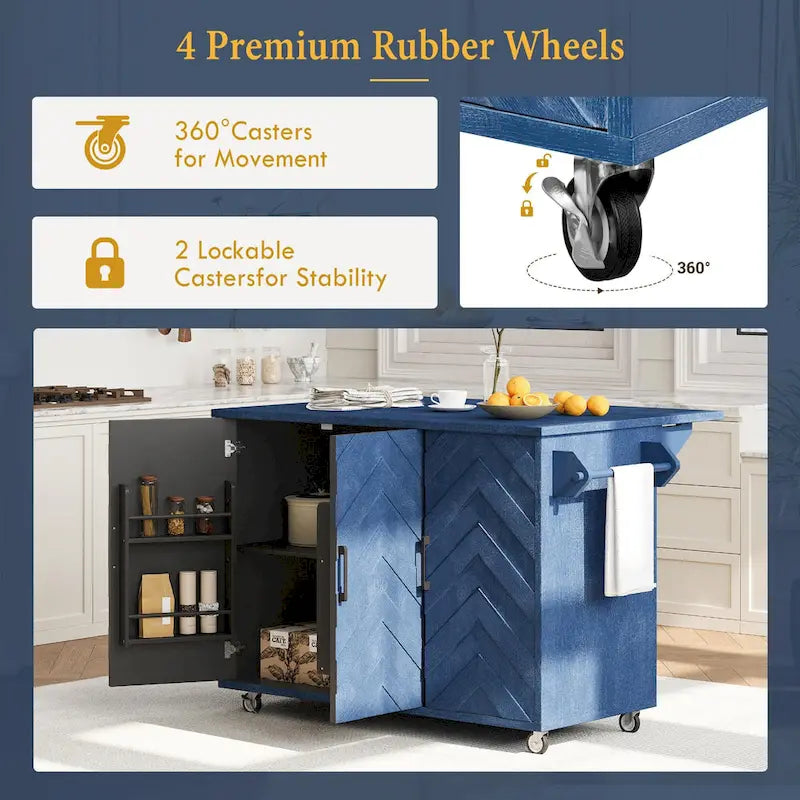 51.2W Kitchen Island with Drop Leaf, Farmhouse Kitchen Island on Wheels with Internal Storage Rack Rolling Kitchen Cart