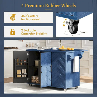 51.2W Kitchen Island with Drop Leaf, Farmhouse Kitchen Island on Wheels with Internal Storage Rack Rolling Kitchen Cart