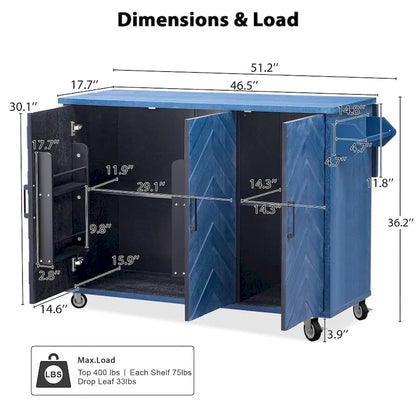 51.2W Kitchen Island with Drop Leaf, Farmhouse Kitchen Island on Wheels with Internal Storage Rack Rolling Kitchen Cart