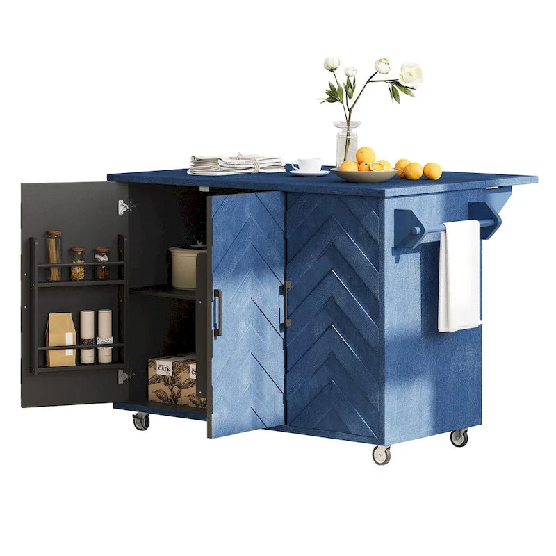 51.2W Kitchen Island with Drop Leaf, Farmhouse Kitchen Island on Wheels with Internal Storage Rack Rolling Kitchen Cart