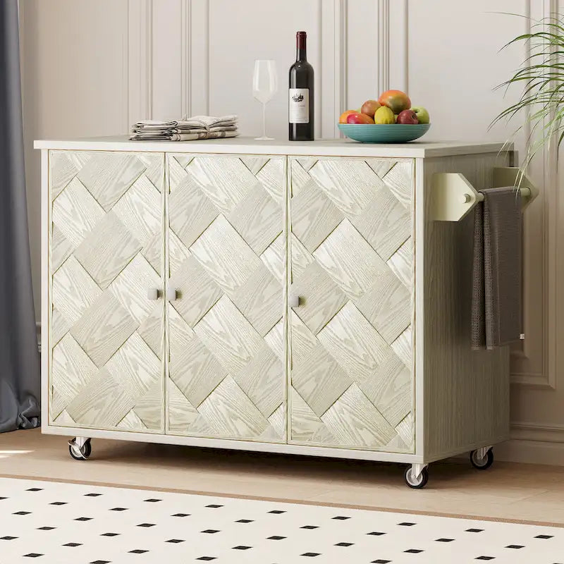 51.2W Kitchen Island with Drop Leaf, Farmhouse Kitchen Island on Wheels with Internal Storage Rack Rolling Kitchen Cart