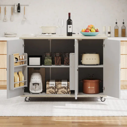 51.2W Kitchen Island with Drop Leaf, Farmhouse Kitchen Island on Wheels with Internal Storage Rack Rolling Kitchen Cart