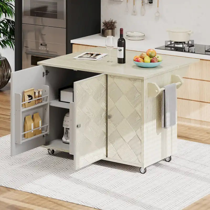 51.2W Kitchen Island with Drop Leaf, Farmhouse Kitchen Island on Wheels with Internal Storage Rack Rolling Kitchen Cart