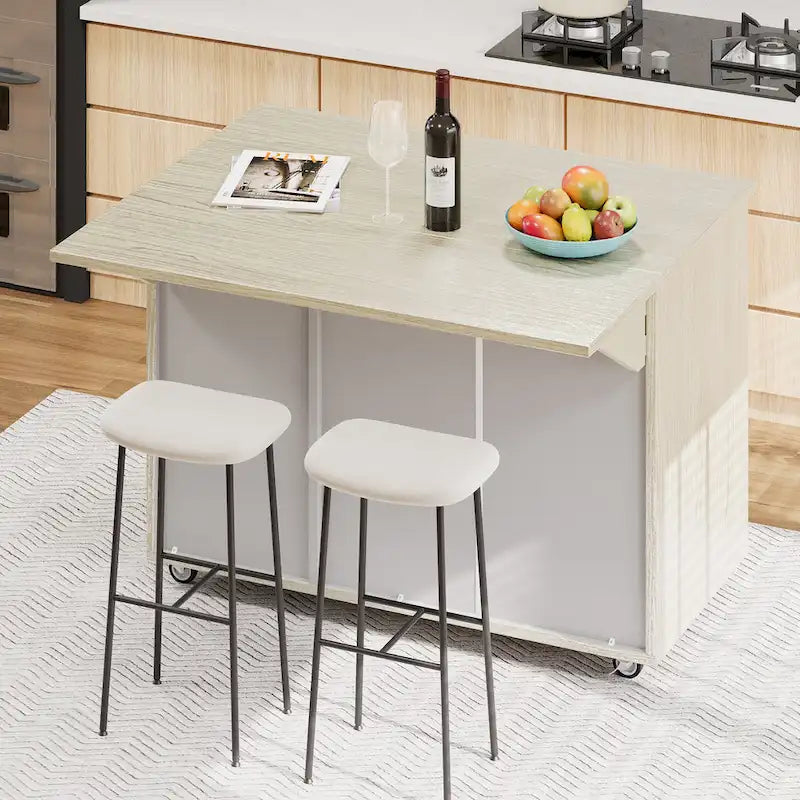 51.2W Kitchen Island with Drop Leaf, Farmhouse Kitchen Island on Wheels with Internal Storage Rack Rolling Kitchen Cart
