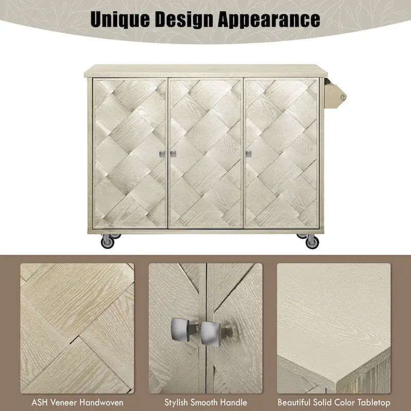 51.2W Kitchen Island with Drop Leaf, Farmhouse Kitchen Island on Wheels with Internal Storage Rack Rolling Kitchen Cart