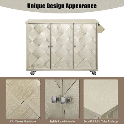 51.2W Kitchen Island with Drop Leaf, Farmhouse Kitchen Island on Wheels with Internal Storage Rack Rolling Kitchen Cart