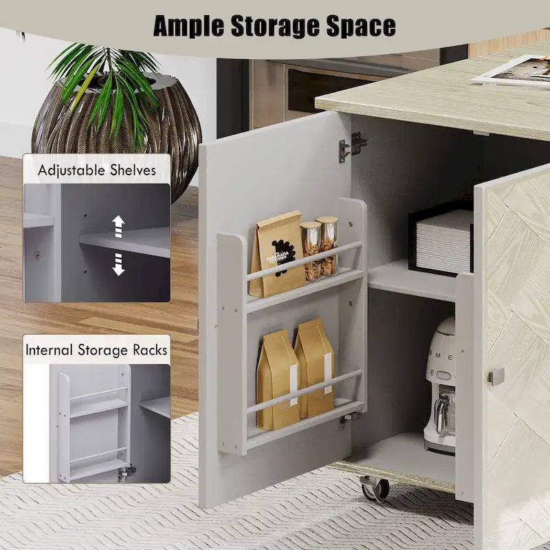51.2W Kitchen Island with Drop Leaf, Farmhouse Kitchen Island on Wheels with Internal Storage Rack Rolling Kitchen Cart