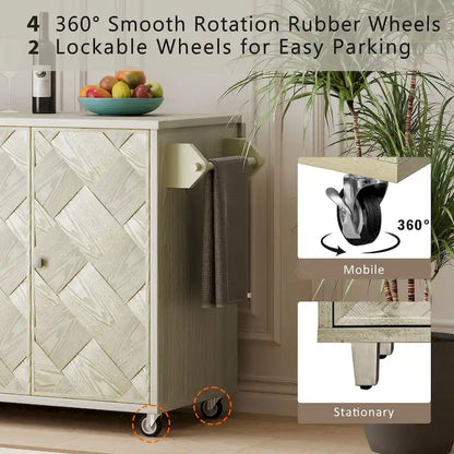 51.2W Kitchen Island with Drop Leaf, Farmhouse Kitchen Island on Wheels with Internal Storage Rack Rolling Kitchen Cart