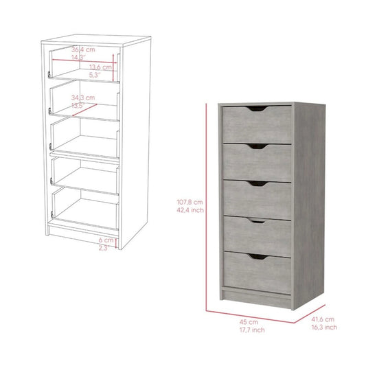 Compact Vertical Wood Dresser with 5 Drawers Slim Chest of Drawers for Bedroom or Office Use
