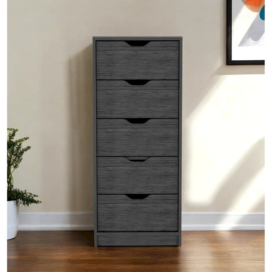Compact Vertical Wood Dresser with 5 Drawers Slim Chest of Drawers for Bedroom or Office Use