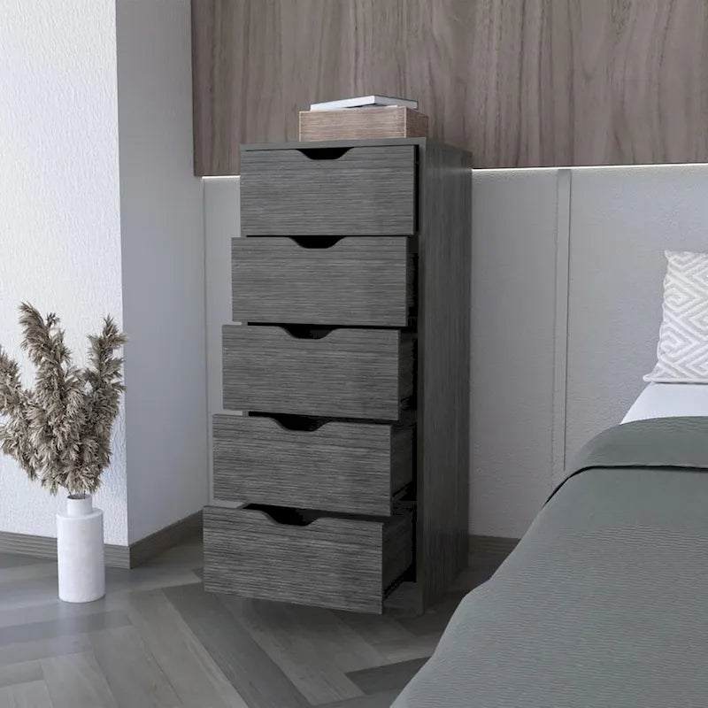 Compact Vertical Wood Dresser with 5 Drawers Slim Chest of Drawers for Bedroom or Office Use