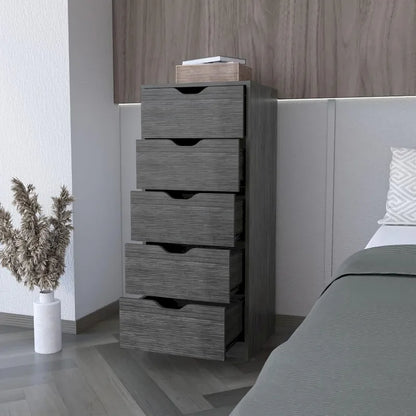 Compact Vertical Wood Dresser with 5 Drawers Slim Chest of Drawers for Bedroom or Office Use