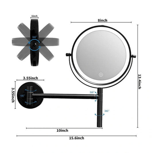 9 Bathroom Mirror LED Wall Mounted Magnifying Lighted Black Makeup Mirror with 3 Color Lights and Touch Screen Dimming