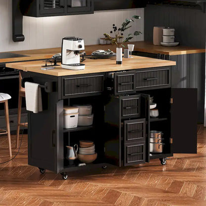 Kitchen Storage Island on Wheels with Drop Leaf & Power Outlet, 56.5 Kitchen Island with 4 Doors , 5 Deep Drawers