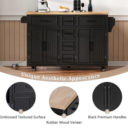 Kitchen Storage Island on Wheels with Drop Leaf & Power Outlet, 56.5 Kitchen Island with 4 Doors , 5 Deep Drawers