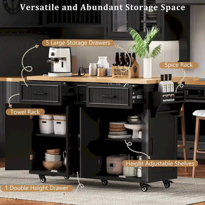 Kitchen Storage Island on Wheels with Drop Leaf & Power Outlet, 56.5 Kitchen Island with 4 Doors , 5 Deep Drawers
