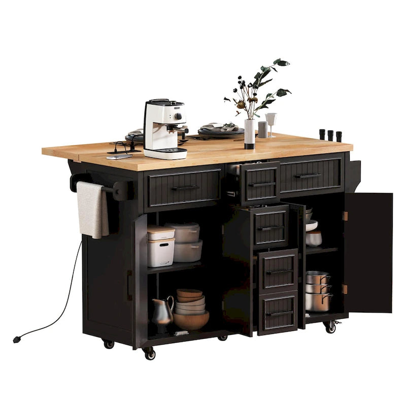 Kitchen Storage Island on Wheels with Drop Leaf & Power Outlet, 56.5 Kitchen Island with 4 Doors , 5 Deep Drawers
