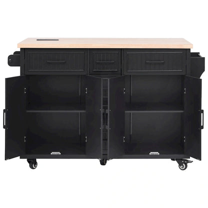 Kitchen Storage Island on Wheels with Drop Leaf & Power Outlet, 56.5 Kitchen Island with 4 Doors , 5 Deep Drawers