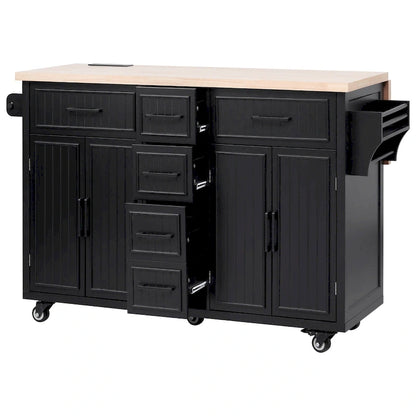 Kitchen Storage Island on Wheels with Drop Leaf & Power Outlet, 56.5 Kitchen Island with 4 Doors , 5 Deep Drawers