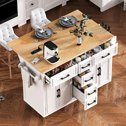 Kitchen Storage Island on Wheels with Drop Leaf & Power Outlet, 56.5 Kitchen Island with 4 Doors , 5 Deep Drawers