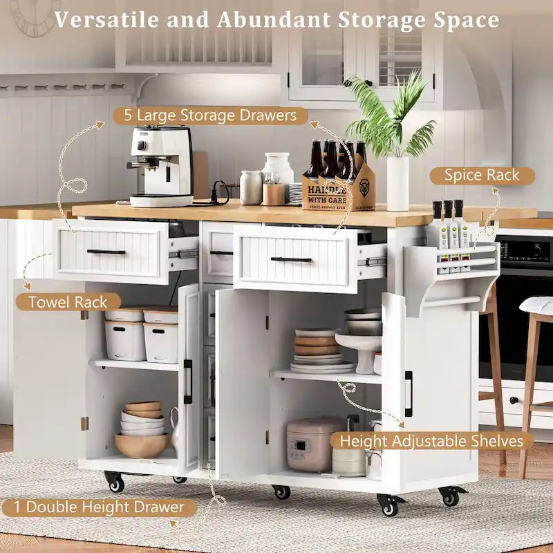 Kitchen Storage Island on Wheels with Drop Leaf & Power Outlet, 56.5 Kitchen Island with 4 Doors , 5 Deep Drawers