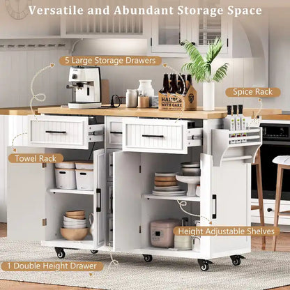 Kitchen Storage Island on Wheels with Drop Leaf & Power Outlet, 56.5 Kitchen Island with 4 Doors , 5 Deep Drawers