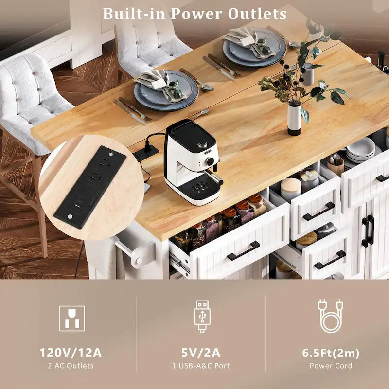 Kitchen Storage Island on Wheels with Drop Leaf & Power Outlet, 56.5 Kitchen Island with 4 Doors , 5 Deep Drawers