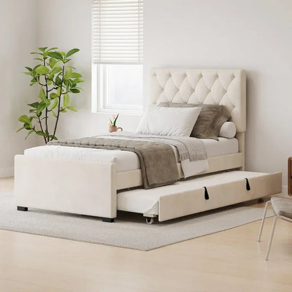 Twin Size Upholstered Platform Bed with Trundle and Adjustable Headboard Wingback Bed No Box Spring Needed Wood Slat Support Bed