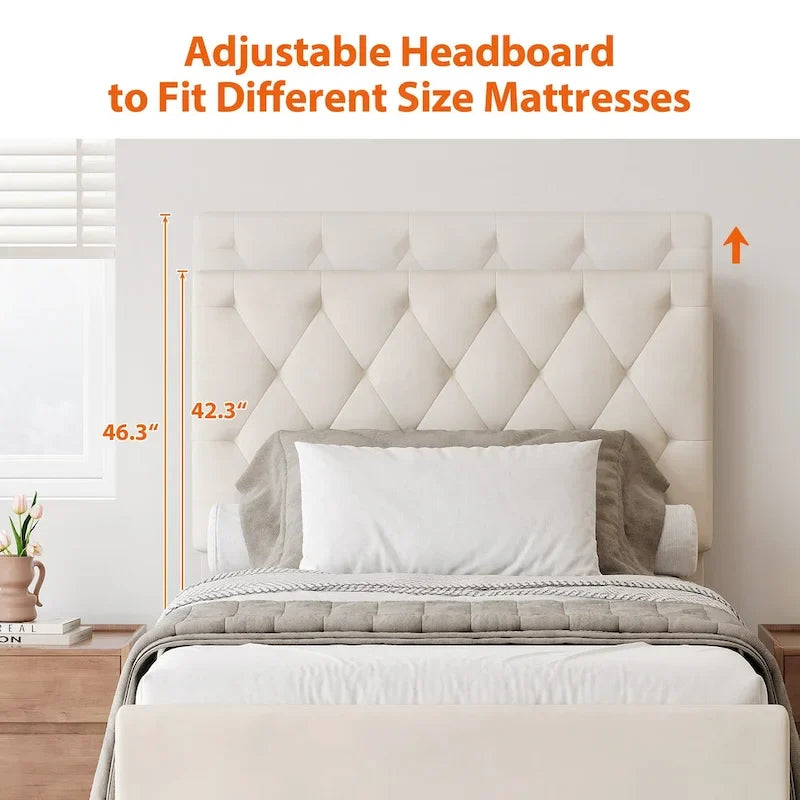 Twin Size Upholstered Platform Bed with Trundle and Adjustable Headboard Wingback Bed No Box Spring Needed Wood Slat Support Bed