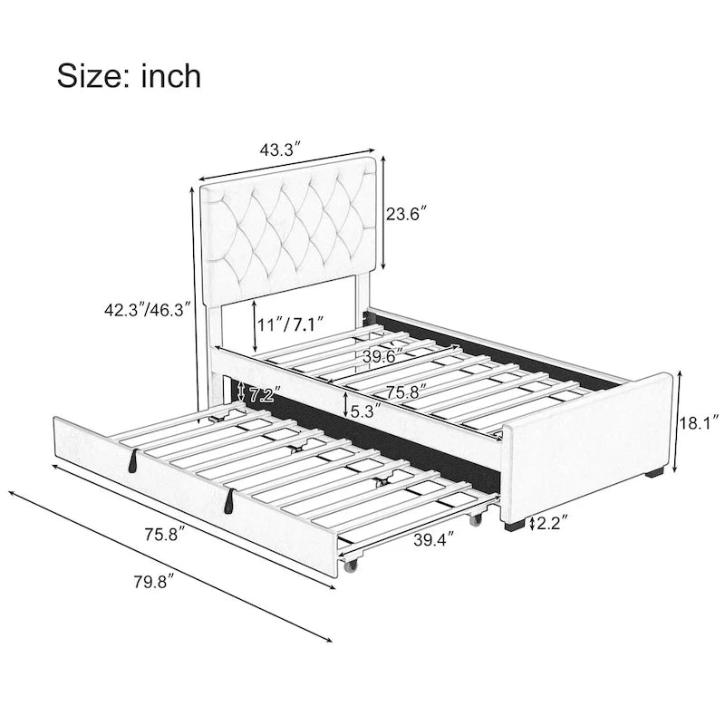 Twin Size Upholstered Platform Bed with Trundle and Adjustable Headboard Wingback Bed No Box Spring Needed Wood Slat Support Bed