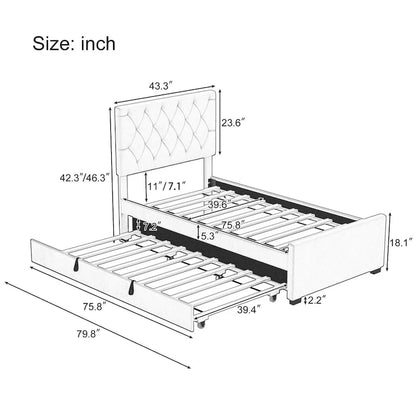 Twin Size Upholstered Platform Bed with Trundle and Adjustable Headboard Wingback Bed No Box Spring Needed Wood Slat Support Bed
