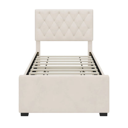 Twin Size Upholstered Platform Bed with Trundle and Adjustable Headboard Wingback Bed No Box Spring Needed Wood Slat Support Bed