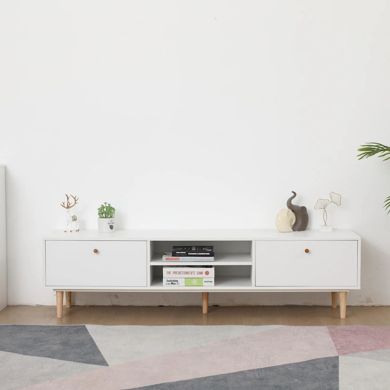 Minimalist Cream White TV Stand with 2 Storage Cabinets and 4 Solid Wood Legs for Living Room, Home Theater or Apartment