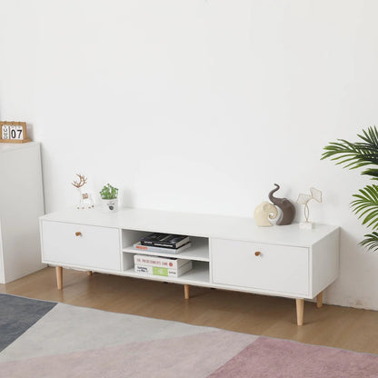 Minimalist Cream White TV Stand with 2 Storage Cabinets and 4 Solid Wood Legs for Living Room, Home Theater or Apartment