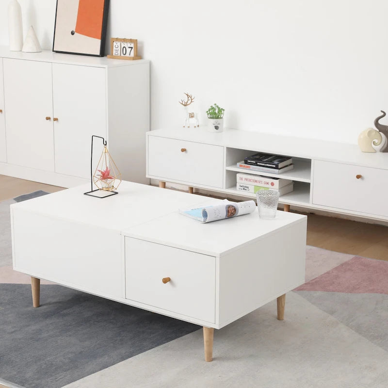 Minimalist Cream White TV Stand with 2 Storage Cabinets and 4 Solid Wood Legs for Living Room, Home Theater or Apartment