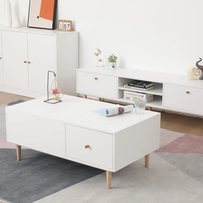 Minimalist Cream White TV Stand with 2 Storage Cabinets and 4 Solid Wood Legs for Living Room, Home Theater or Apartment