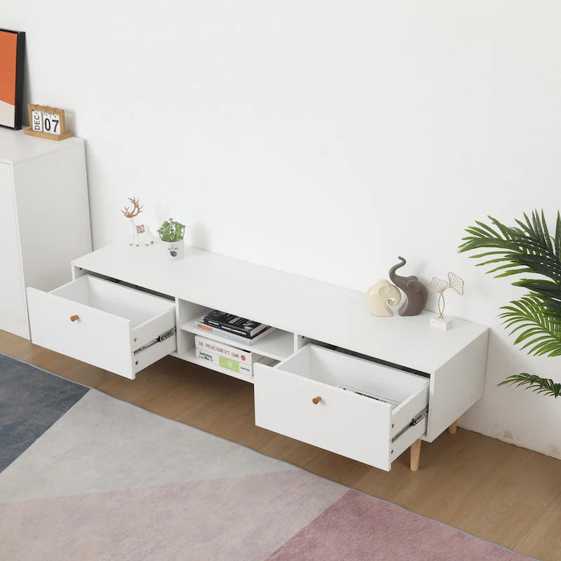 Minimalist Cream White TV Stand with 2 Storage Cabinets and 4 Solid Wood Legs for Living Room, Home Theater or Apartment