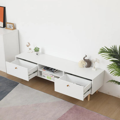 Minimalist Cream White TV Stand with 2 Storage Cabinets and 4 Solid Wood Legs for Living Room, Home Theater or Apartment