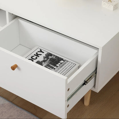 Minimalist Cream White TV Stand with 2 Storage Cabinets and 4 Solid Wood Legs for Living Room, Home Theater or Apartment