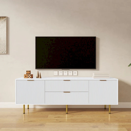 Modern Warm White TV Stand with 2 Storage Cabinets and 2 Soft Close Drawers for Apartments and Living Rooms