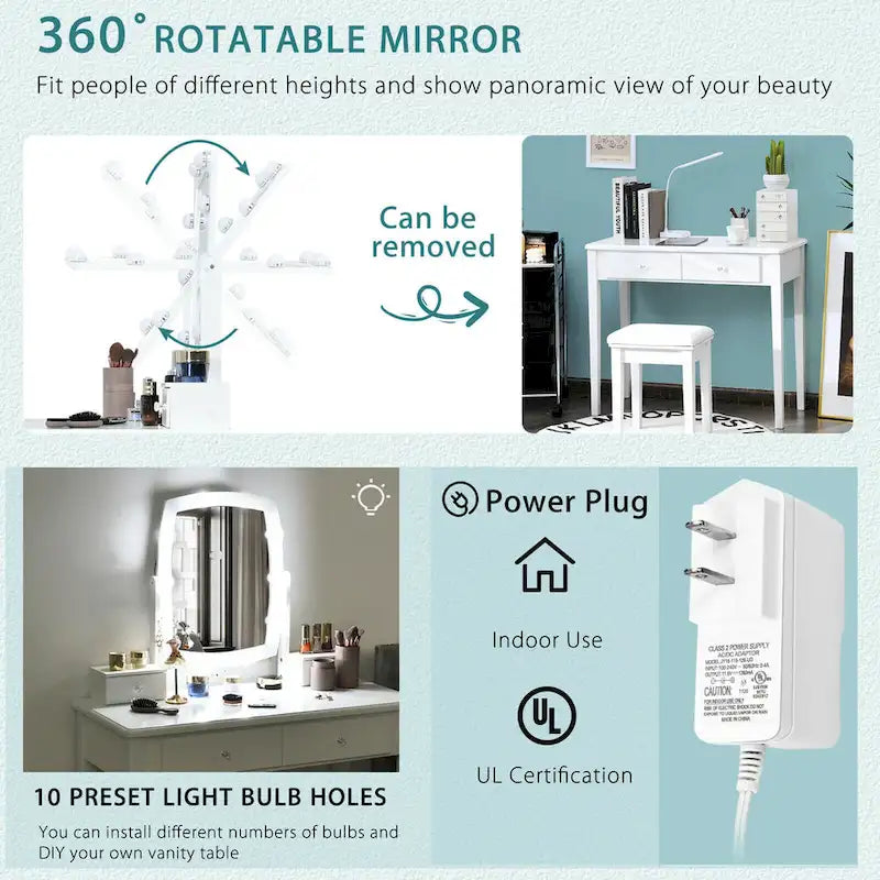 Gymax Vanity Table Set with Lighted Mirror Adjustable 10 Bulbs Dresser - See Details