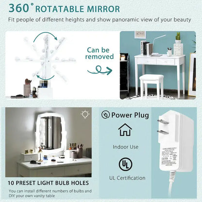 Gymax Vanity Table Set with Lighted Mirror Adjustable 10 Bulbs Dresser - See Details