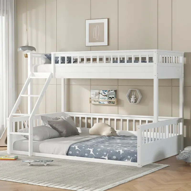 Twin XL over Queen Bunk Bed with Ladder and Guardrails, White